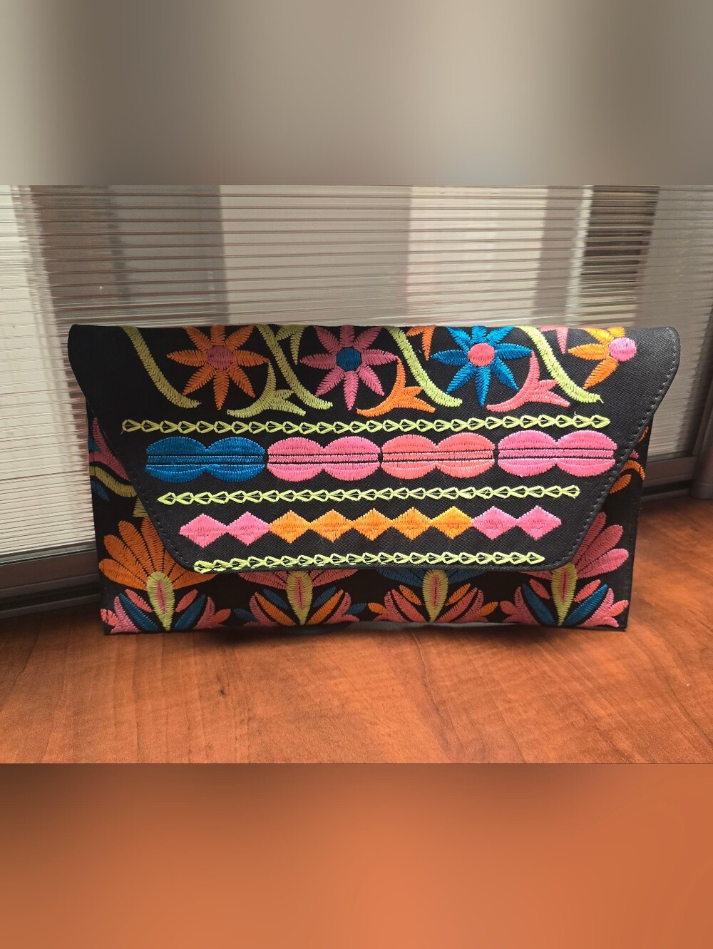 Embroidered Floral Black Clutch with Multicolor Accents